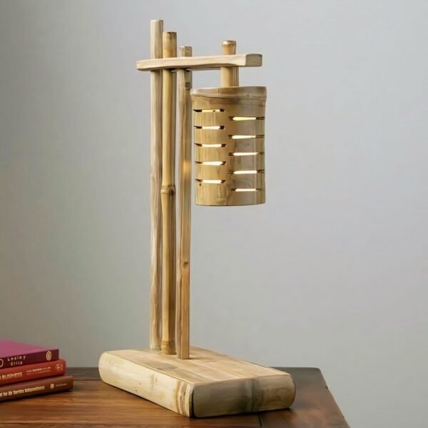 Handcrafted bamboo table lamp with warm ambient lighting, eco-friendly home decor
